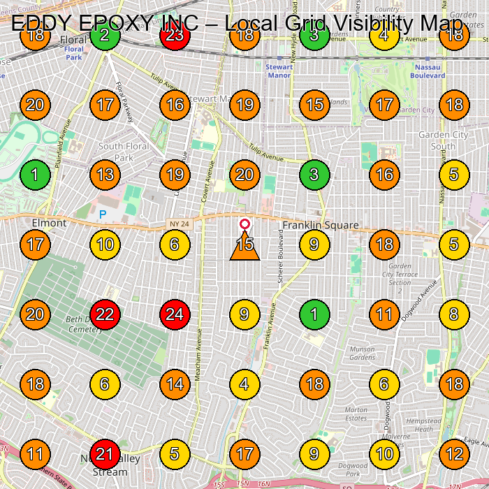 EDDY EPOXY INC Flooring Contractor GeoGrid ranking map for Elmont NY